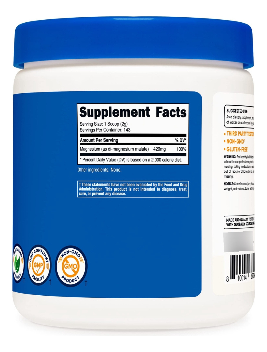 Salud y Equipamiento Médico - Malato De Magnesio En Polvo 300g 420mg Nutricost 3