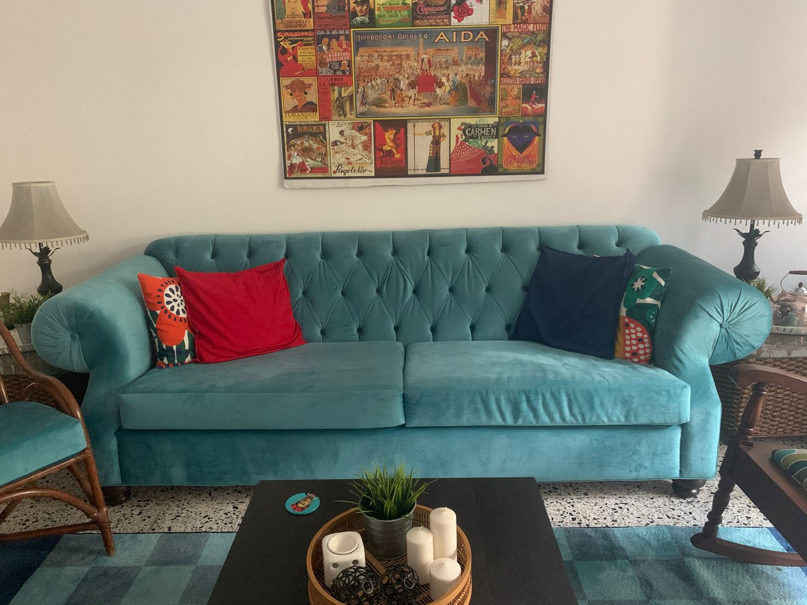 muebles y colchones - Sillón de 2 plazas de pana azul turquesa 0