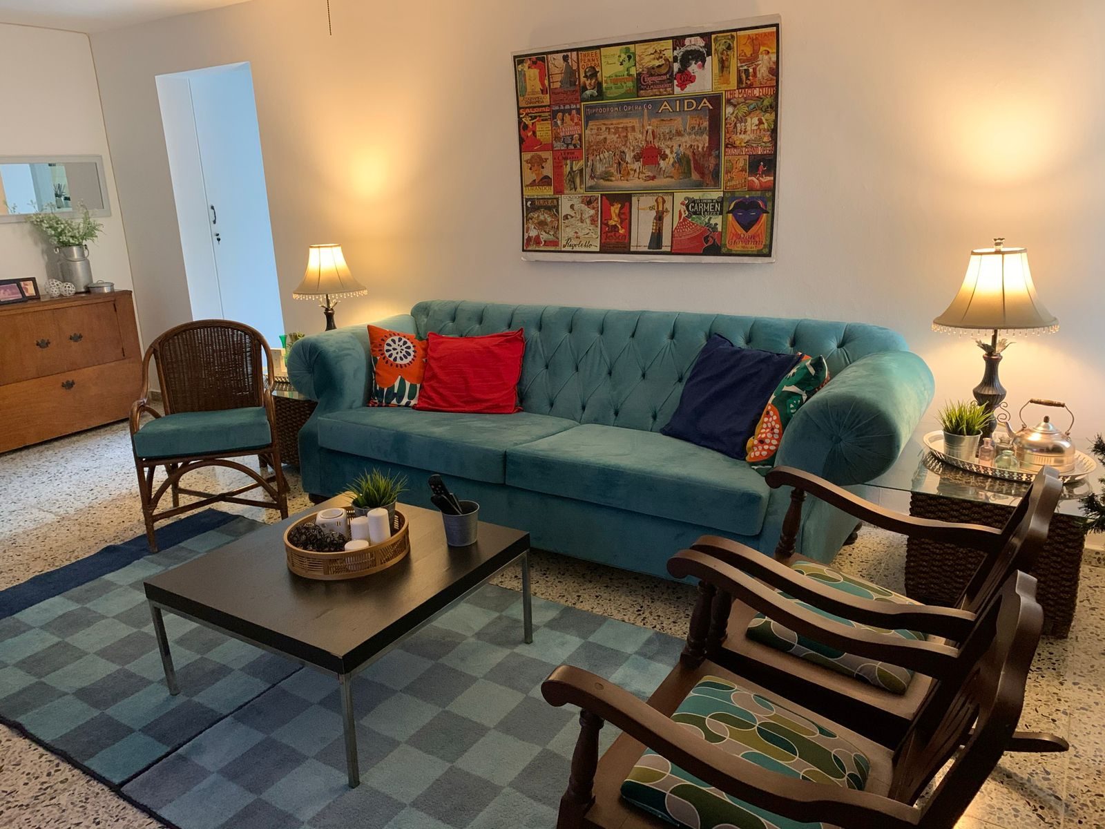 muebles y colchones - Sillón de 2 plazas de pana azul turquesa 1