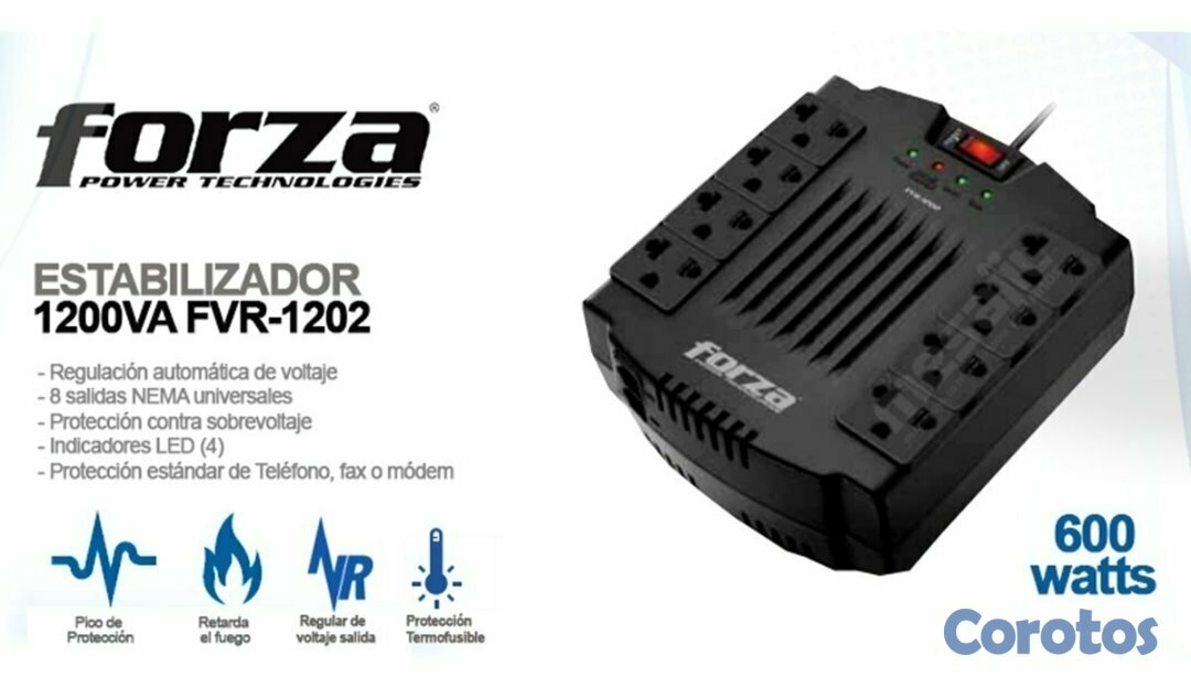 computadoras y laptops - REGULADOR DE VOLTAJE FORZA 1200VA, REGLETA 8XTOMAS + 2 PUERTOS USB 110V/600W/320