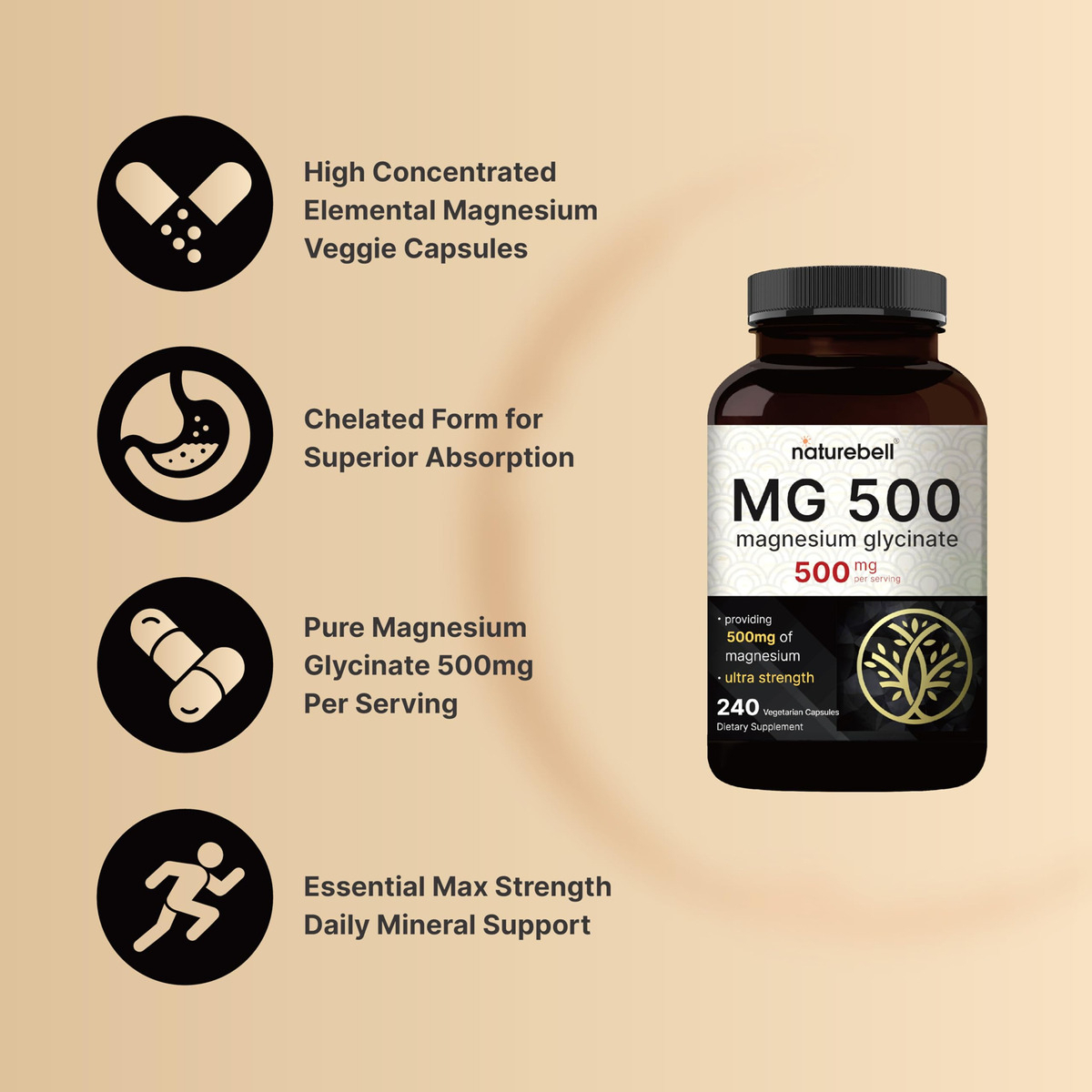 Salud y Equipamiento Médico - Glicinato De Magnesio 500 Mg 240 Cap De Naturebell 2