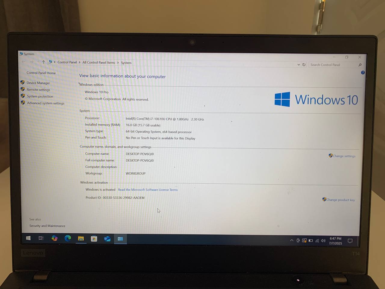 computadoras y laptops - Lenovo Thinkpad T14 i7 10gen/ 16GB RAM/ 512GB SSD 1