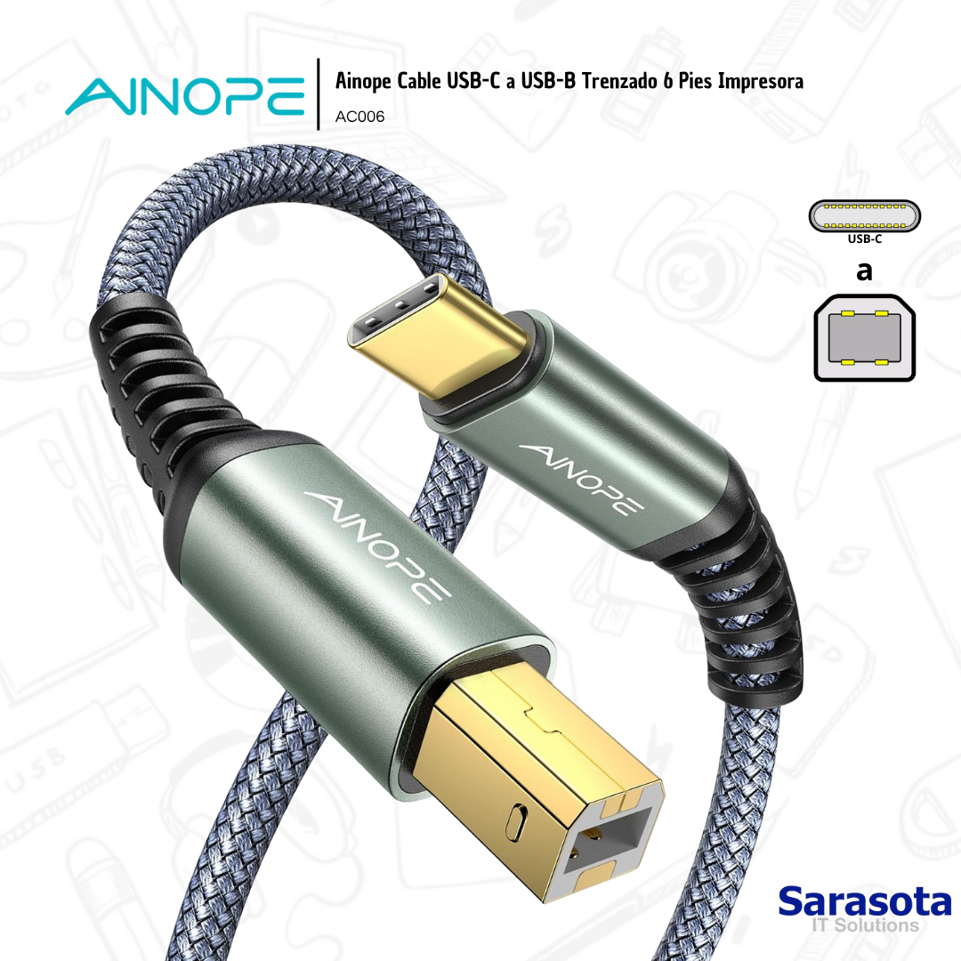 accesorios para electronica - Ainope Cable USB-C a USB-B Trenzado 6 Pies Impreso 1