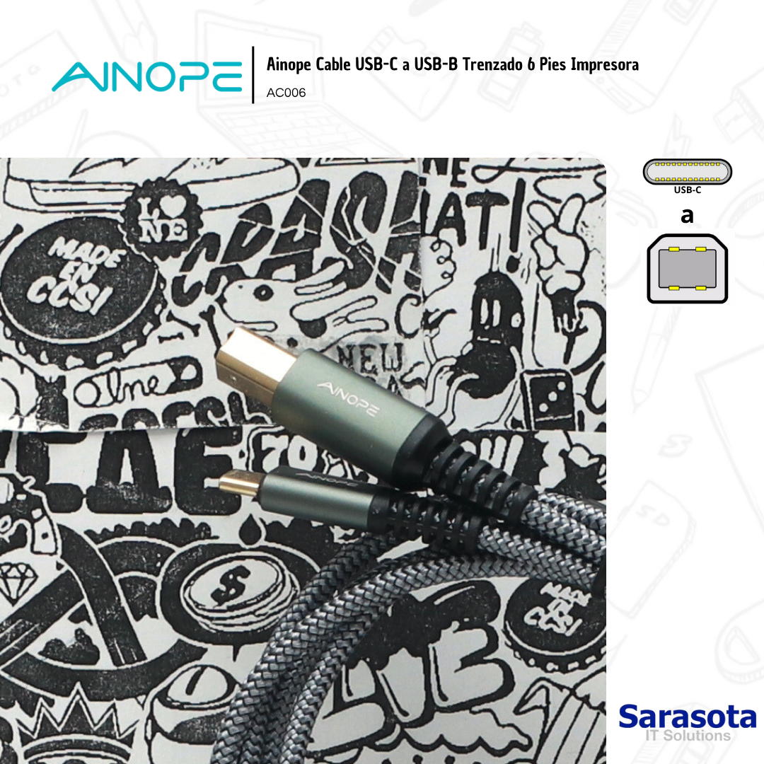 accesorios para electronica - Ainope Cable USB-C a USB-B Trenzado 6 Pies Impreso