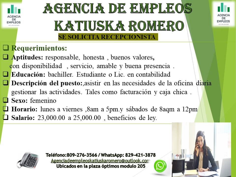 empleos disponibles - RECEPCIONISTA