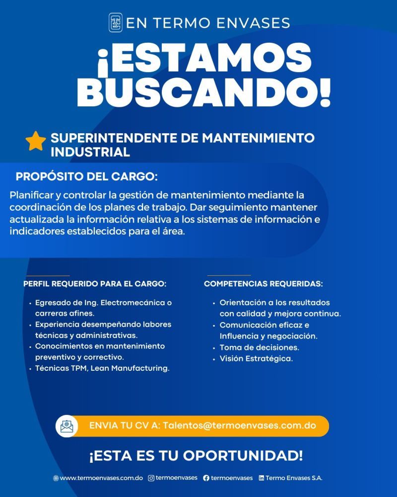 empleos disponibles - Superintendente de Mantenimiento Industrial