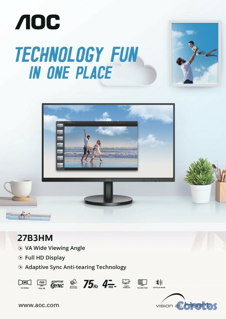 computadoras y laptops - MONITOR AOC 27" FHD 1920X 1080, VESA, 4MS HDMI 75HZ, VGA 60HZ, 250 CD/M², 3.5MM  1