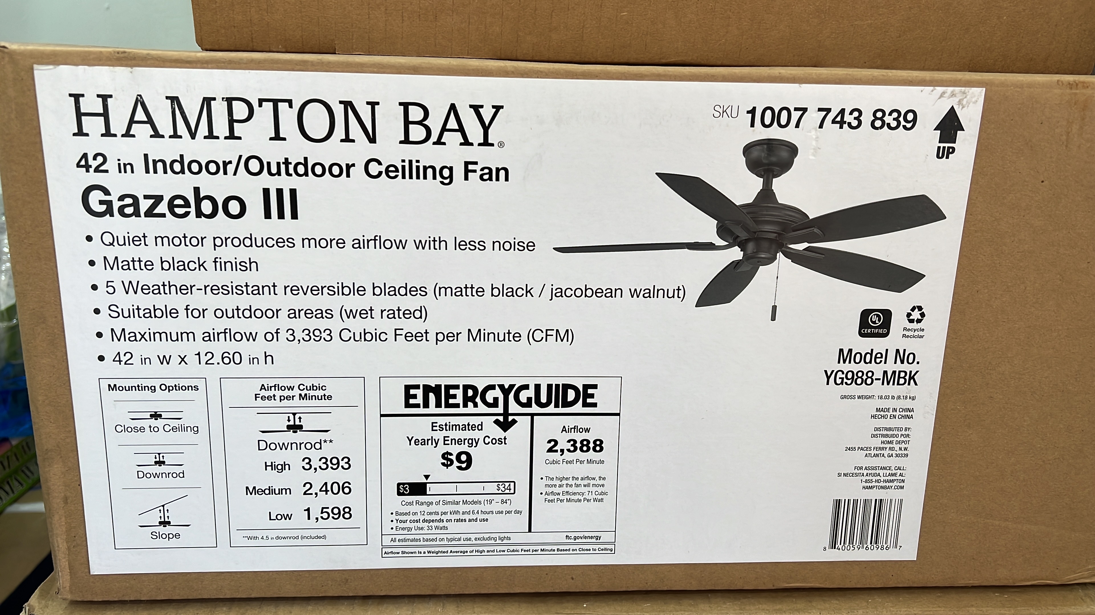 electrodomesticos - abanico Hampton Bay negro y marrón 
3 velocidades lámpara incluida Home Depot  2