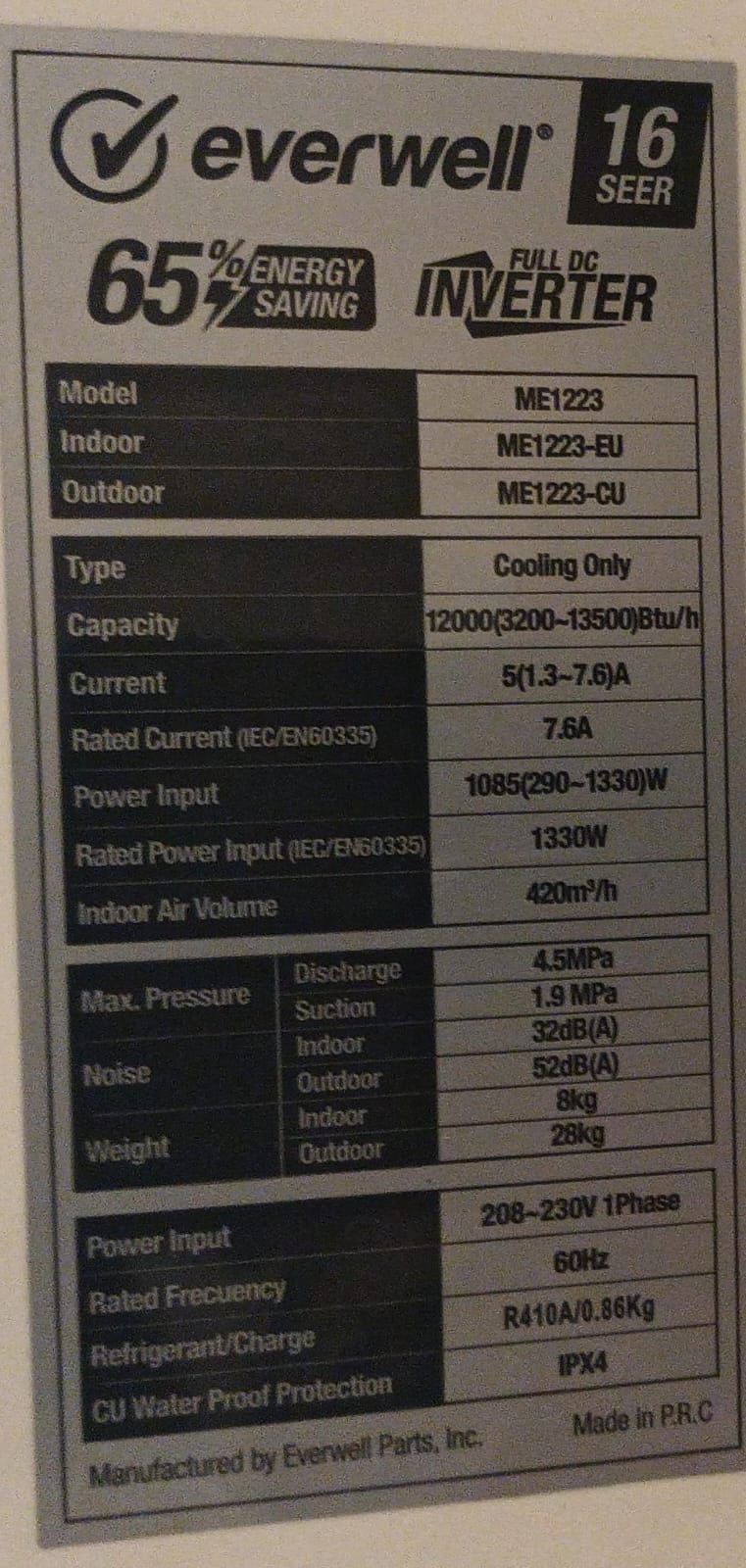 aires acondicionados y abanicos - AIRE ACONDICIONADO INVERTER EVERWELL 12MIL BTU EFIC 16, COMO NUEVO 1