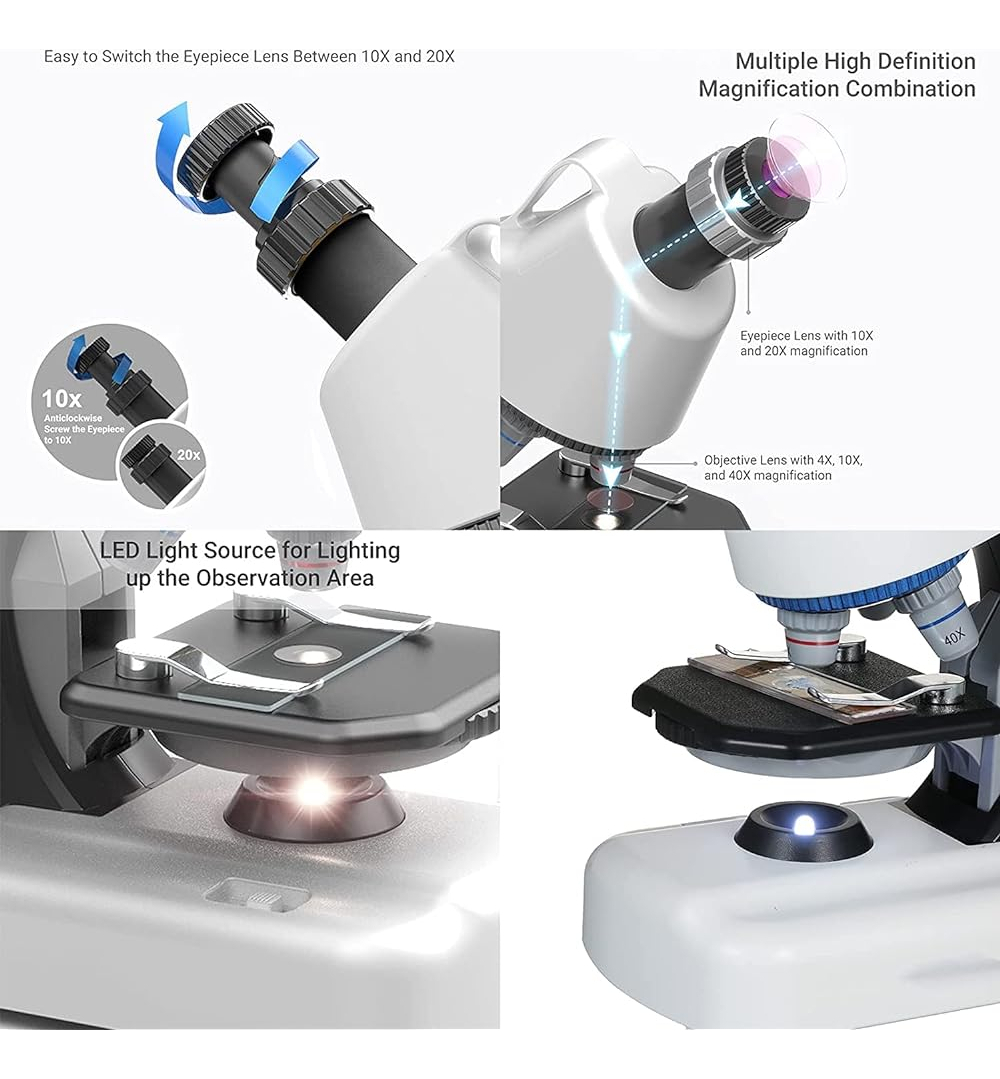 Salud y Equipamiento Médico - Microscopio Hyrenee Para Niños - Hasta 40-1200x Zoom, Kit St 3
