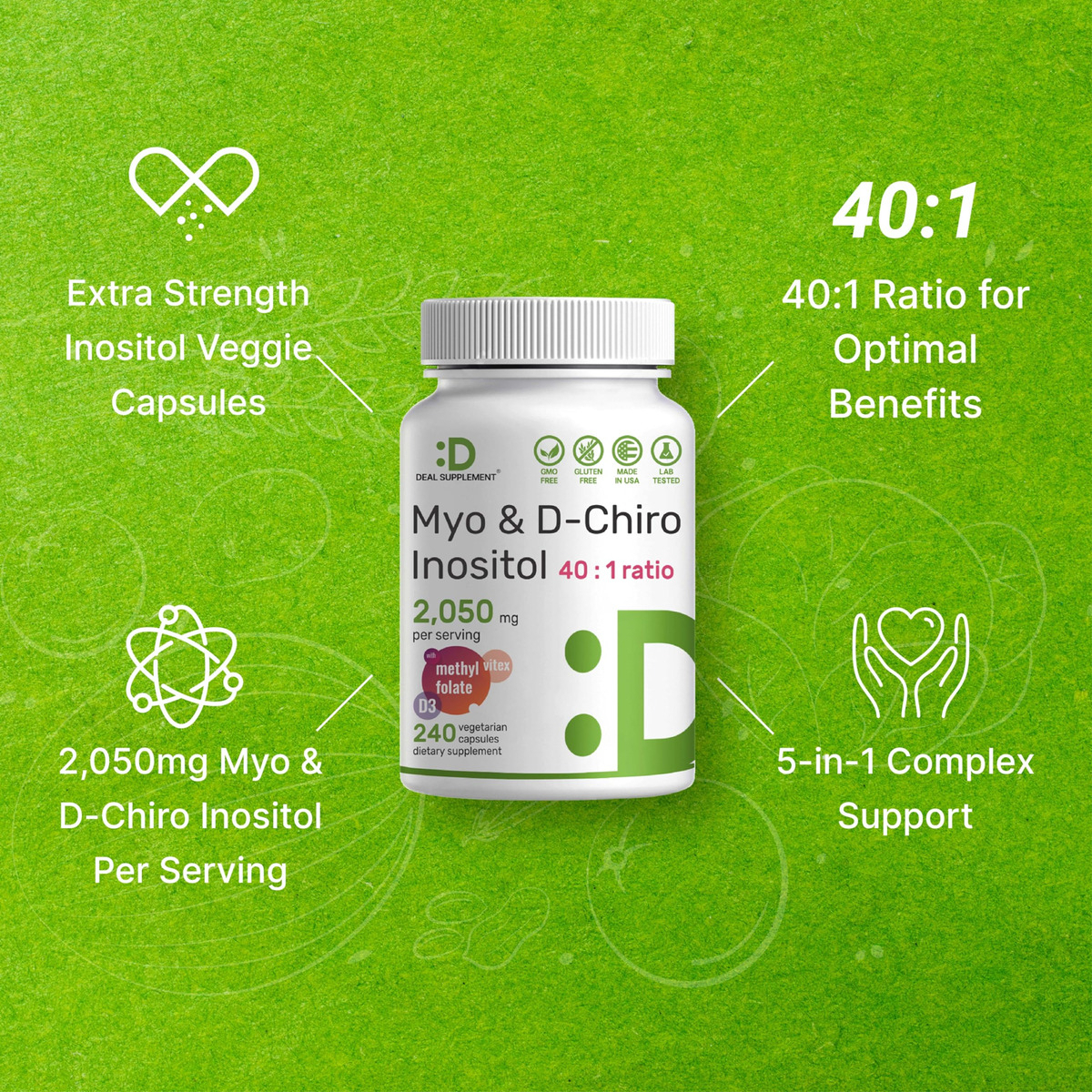 Salud y Equipamiento Médico - Mioinositol Y D-quiro Inositol 2050 Mg Por Porcion, 240 Caps 3