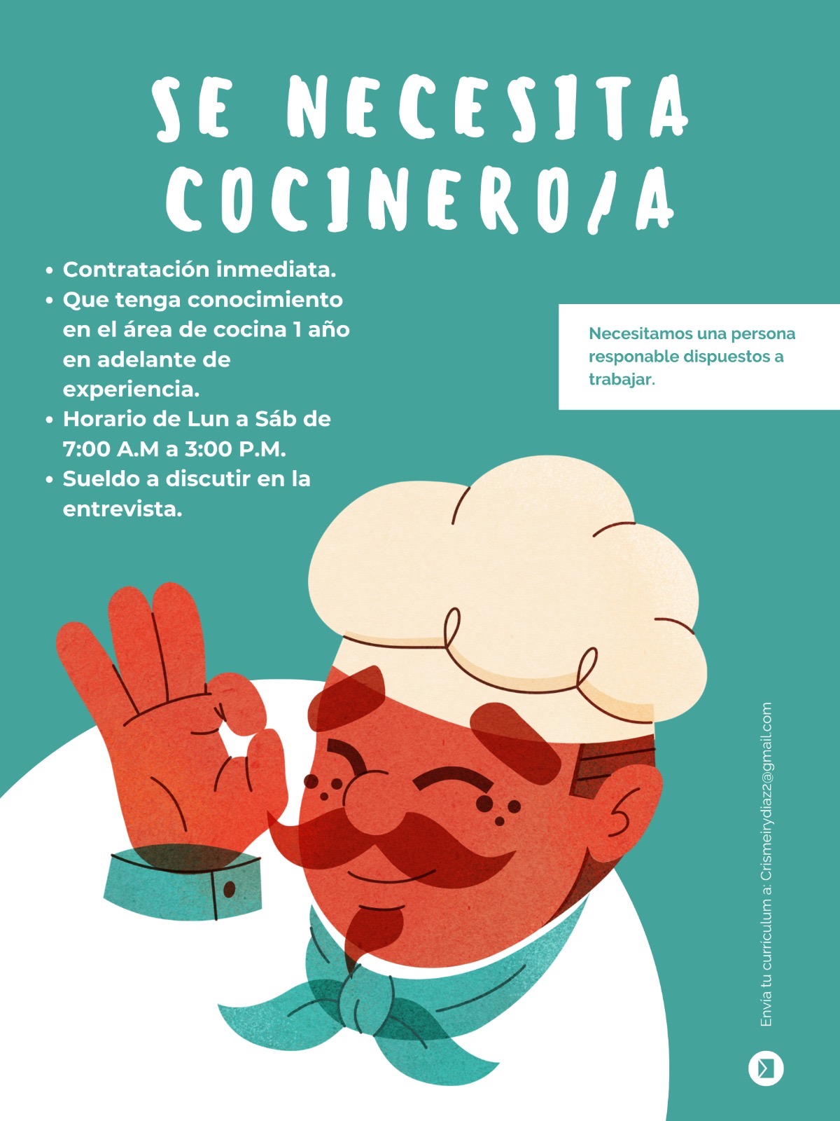 empleos disponibles - Se solicita persona para cocinero