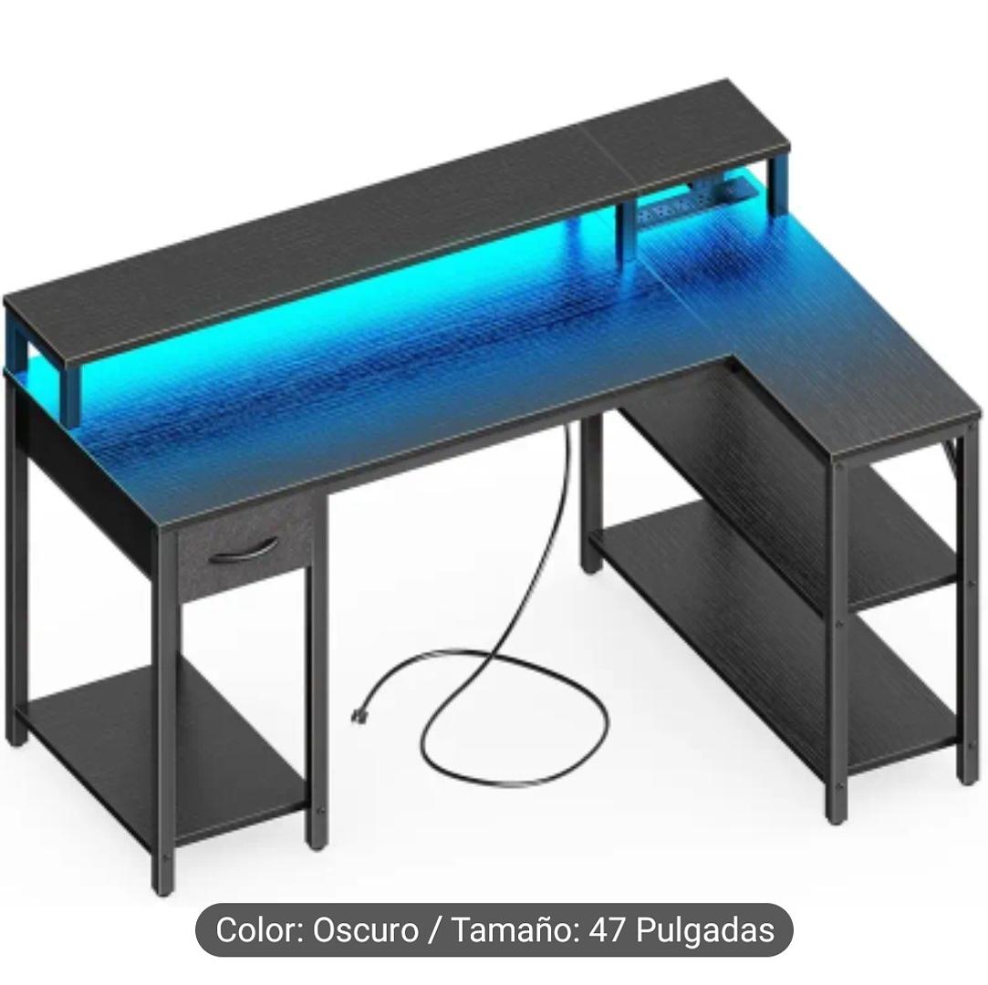 articulos de oficina - Escritorio Forma de L 47" Esquina Reversible, Iluminación LED y Tomacorriente 2