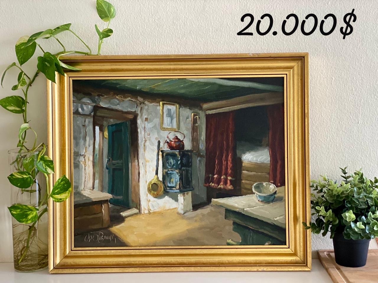 arte y antigüedades - Cuadro antiguo de hogar primitivo  0