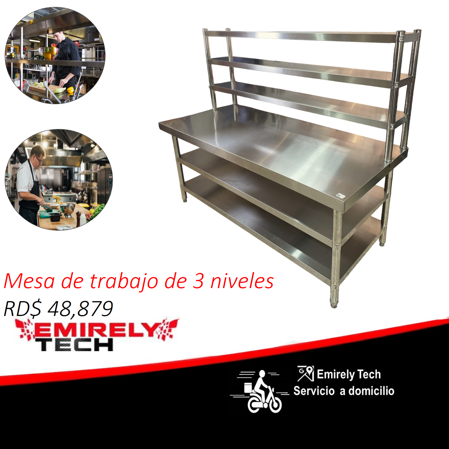 equipos profesionales - Mesa de trabajo de 3 niveles acero inoxidable