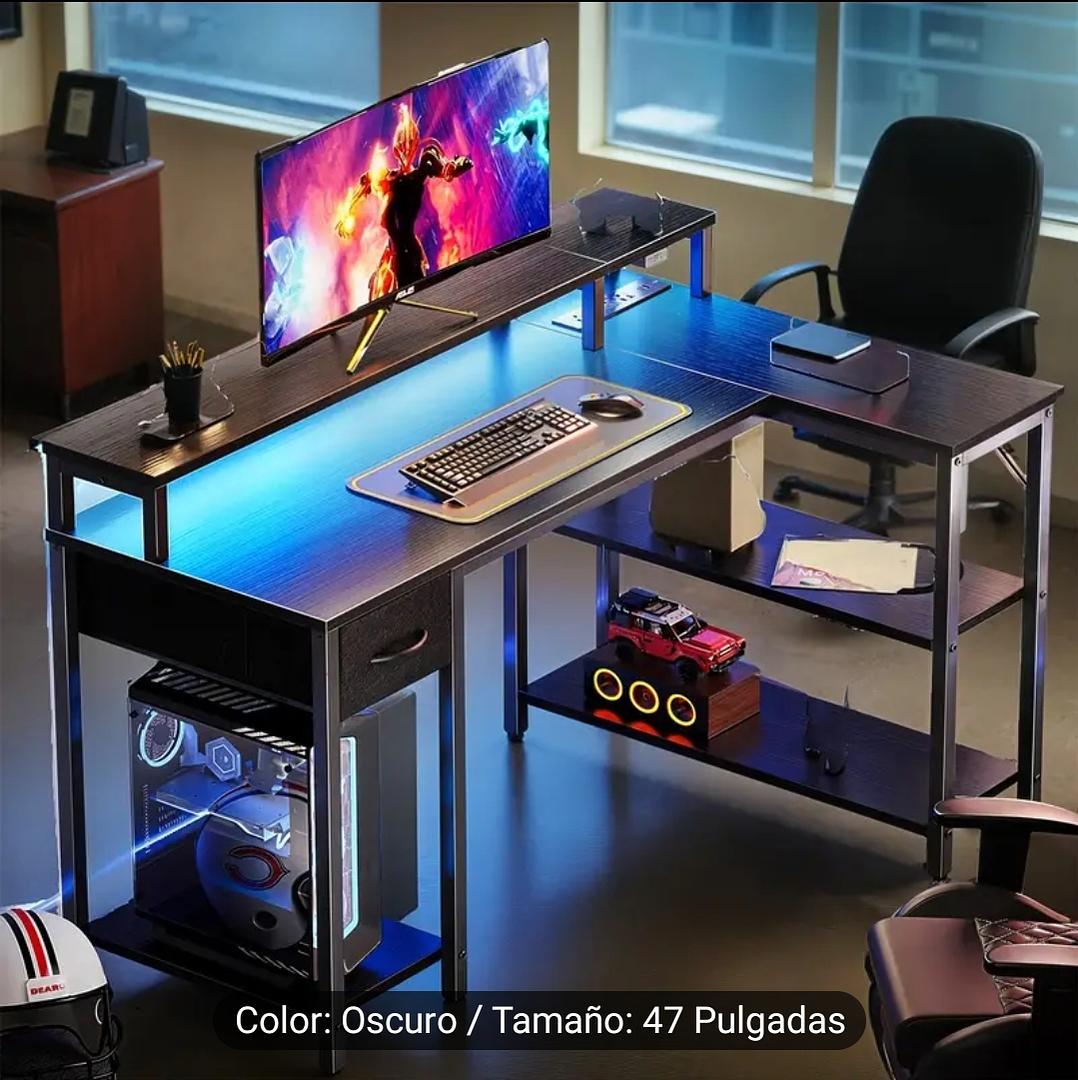 articulos de oficina - Escritorio Forma de L 47" Esquina Reversible, Iluminación LED y Tomacorriente 0