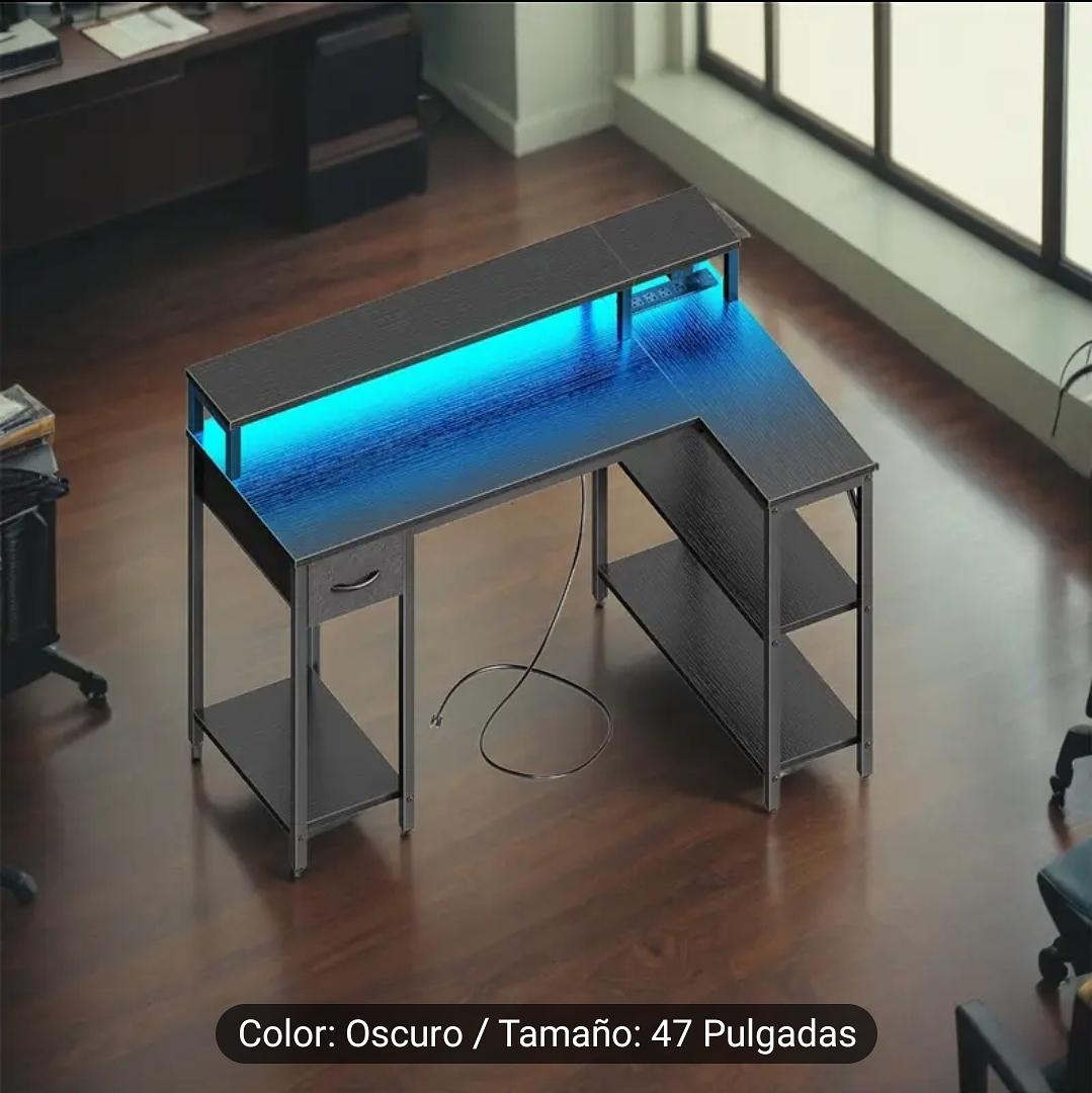 articulos de oficina - Escritorio Forma de L 47" Esquina Reversible, Iluminación LED y Tomacorriente 1