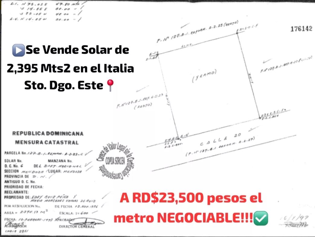 solares y terrenos - Solar en la Urb. Italia Santo Domingo Este