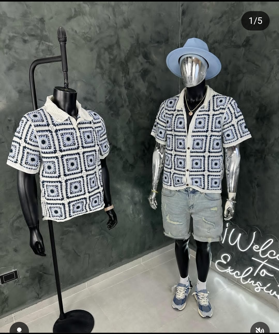 ropa para hombre - Camisa oversize recta de punto calado con rayas 1