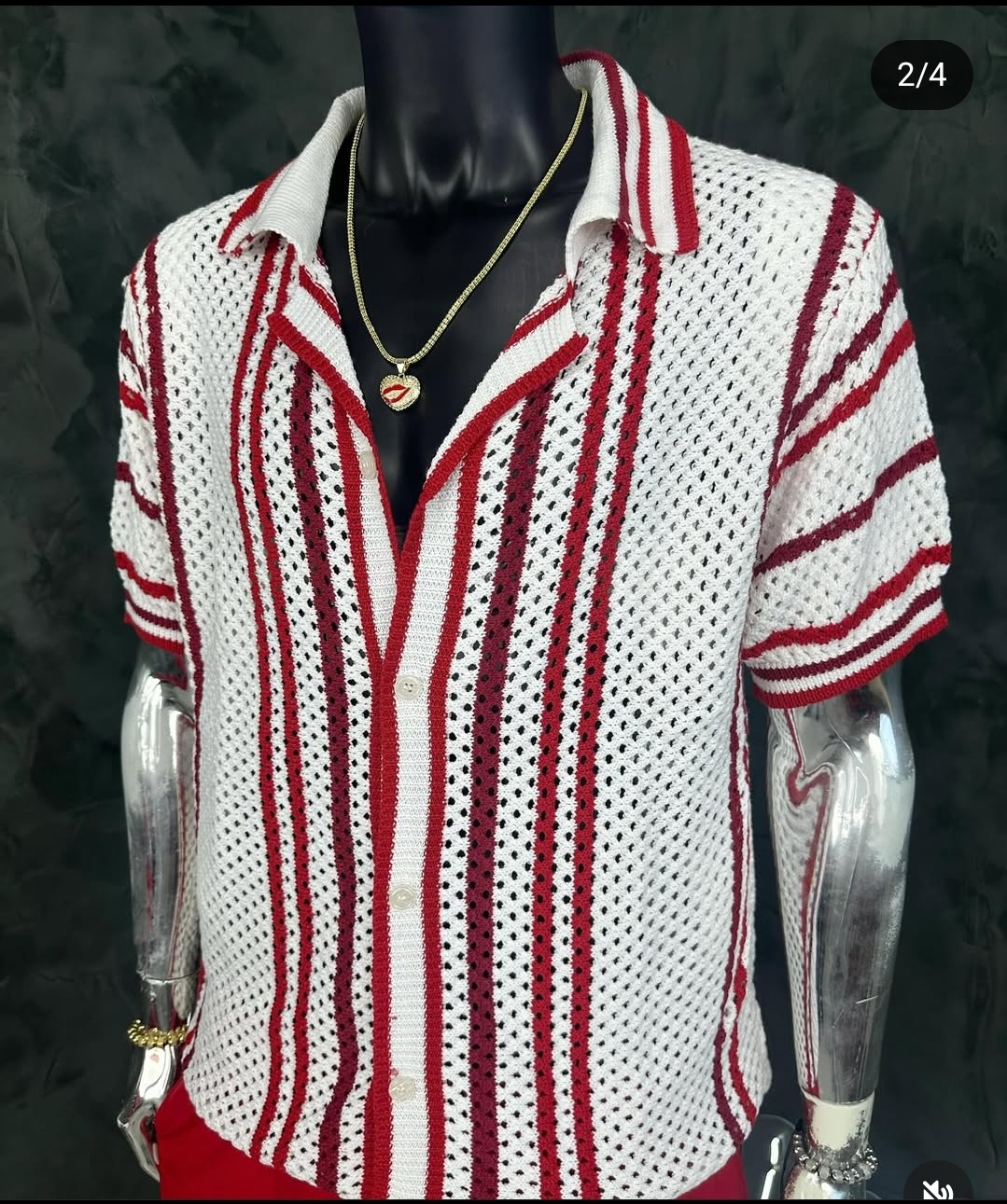 ropa para hombre - Camisa oversize recta de punto calado con rayas 5