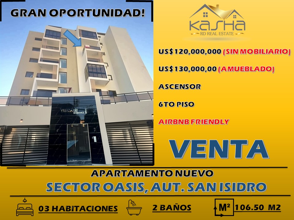 apartamentos -  VENTA APARTAMENTO, 6TO PISO ASCENSOR, SECTOR OASIS, PROX AUTOPISTA SAN ISIDRO 0