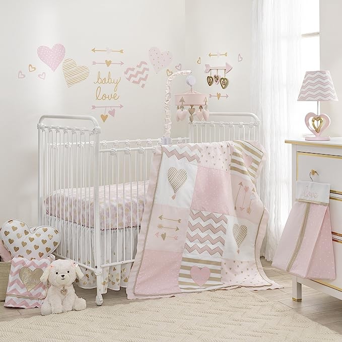 muebles - Juego de ropa de cama para cuna de 4 piezas Lambs & Ivy Baby Love Pink/Gold Hear 0