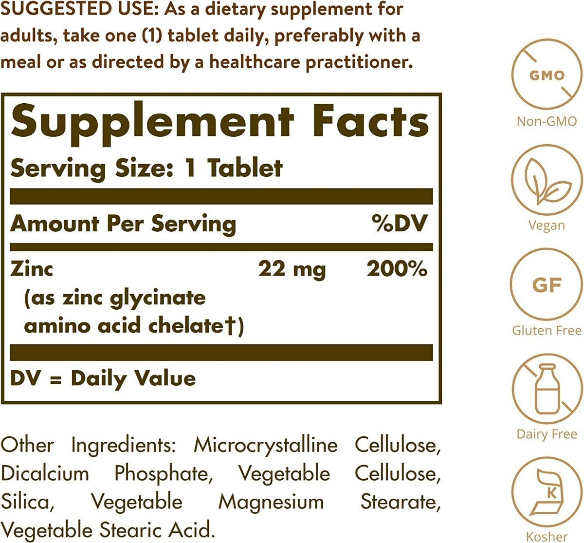 Salud y Equipamiento Médico - Zinc 22 Mg 250 Tabletas Solgar - Unidad 1