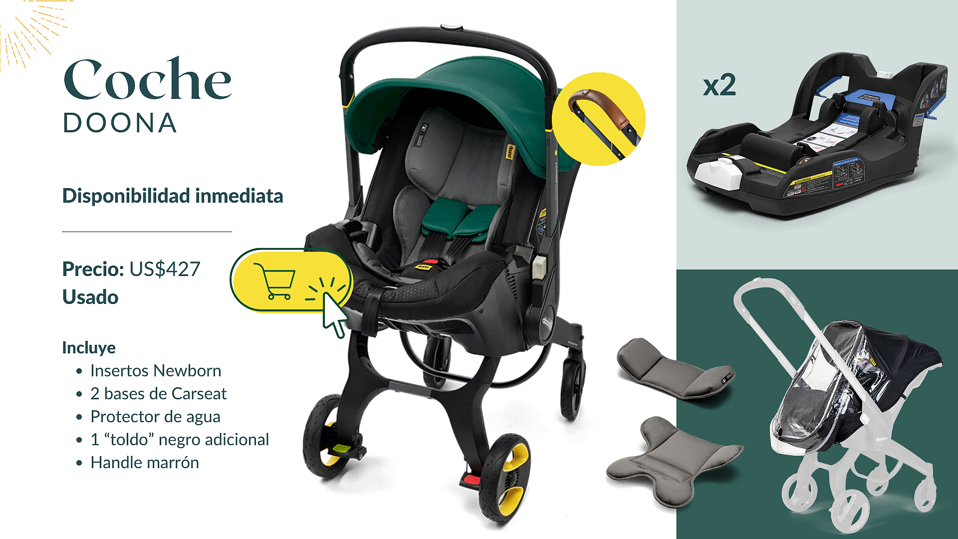 coches y sillas - Coche Doona + 2 bases de carseat 0