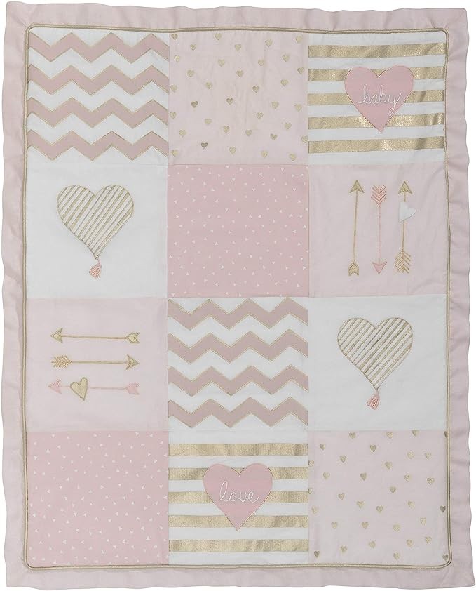 muebles - Juego de ropa de cama para cuna de 4 piezas Lambs & Ivy Baby Love Pink/Gold Hear 5